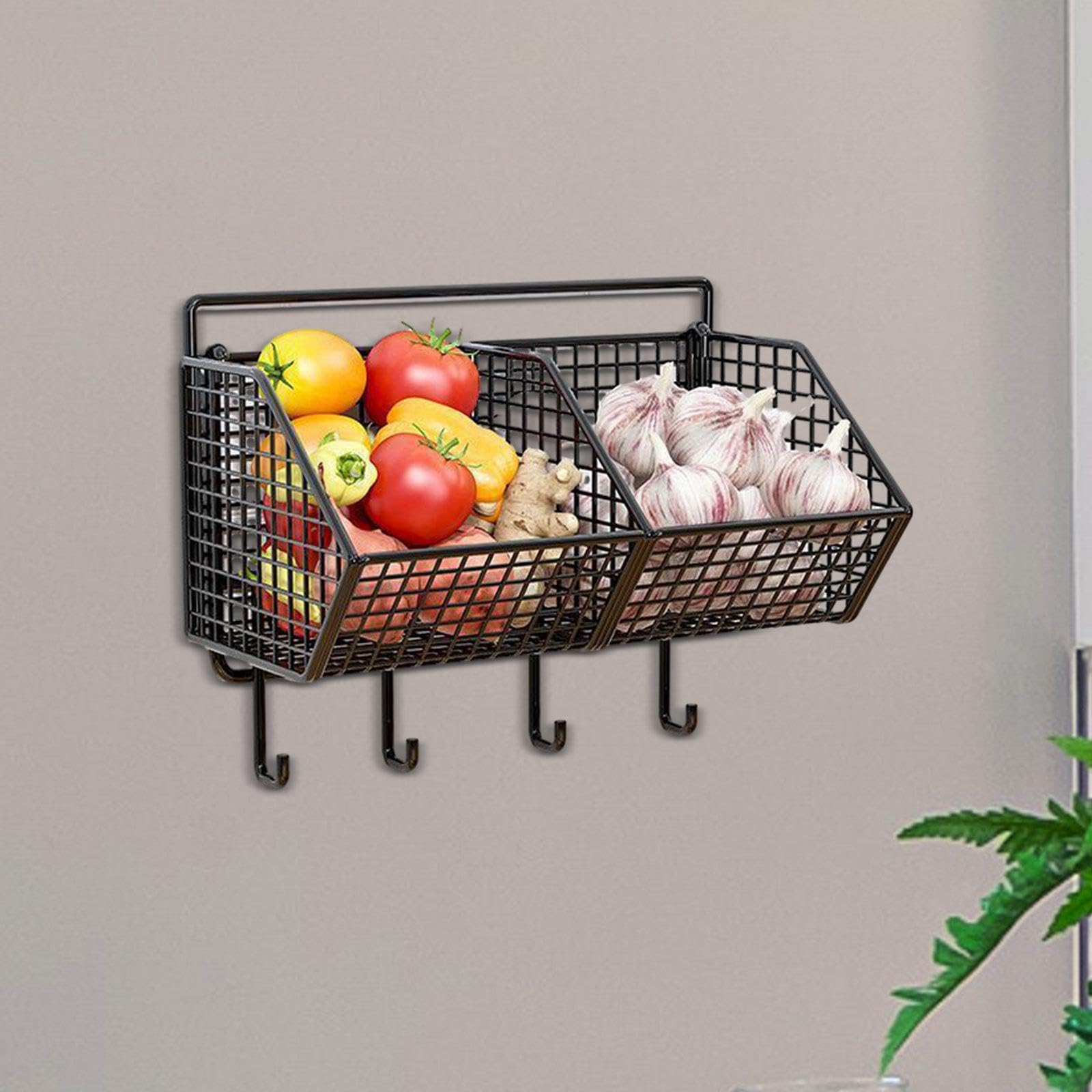 Hängende Drahtkörbe 2 Gitter Obstkorb, Wandkörbe, platzsparend, Küchenorganizer zur Aufbewahrung von Obst, Gemüse und Snacks, Schwarz mit 4-Haken
