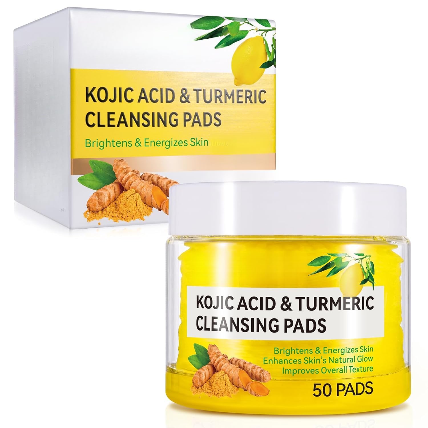 Dischetti detergenti all'acido cogico e curcuma, dischetti esfolianti per il viso alla curcuma, bilanciano l'olio e l'acqua della pelle, delicati, puliscono in profondità i pori (50 conteggi)
