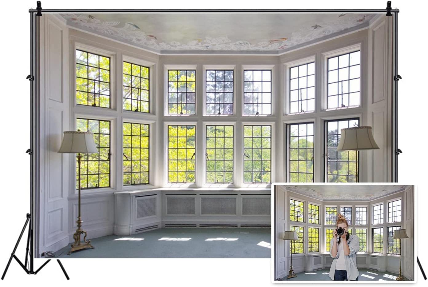 AOFOTO 7x5ft Classic French Pane Bay Windows Backdrop Luxury Retro Interior Decoration Floor Lamps Photography Background New Life Furniture Home