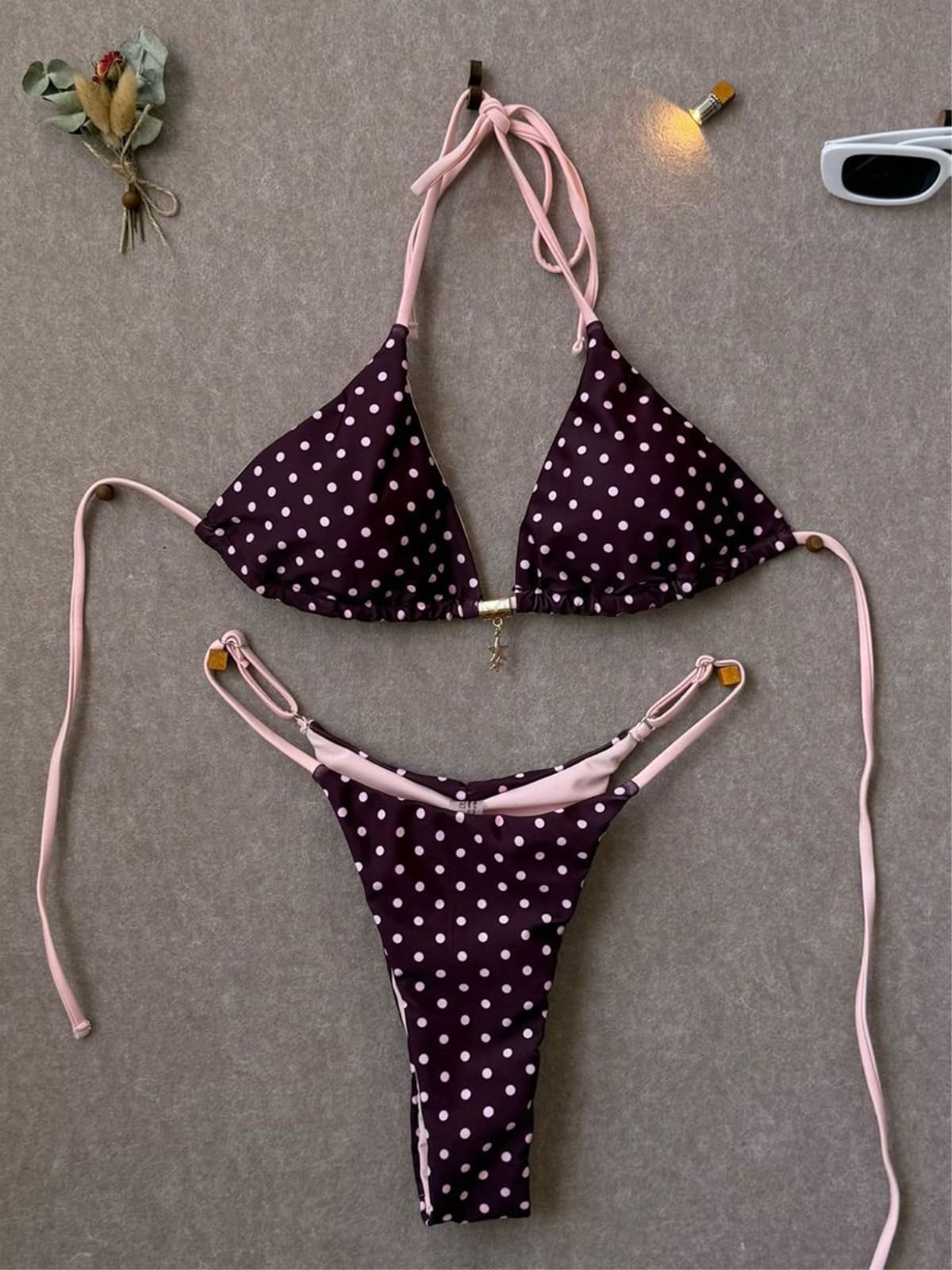 Bikini Donna Polka DOT Set Triangolo Due Pezzi Costume da Bagno Costumi Spiaggia-Black-l