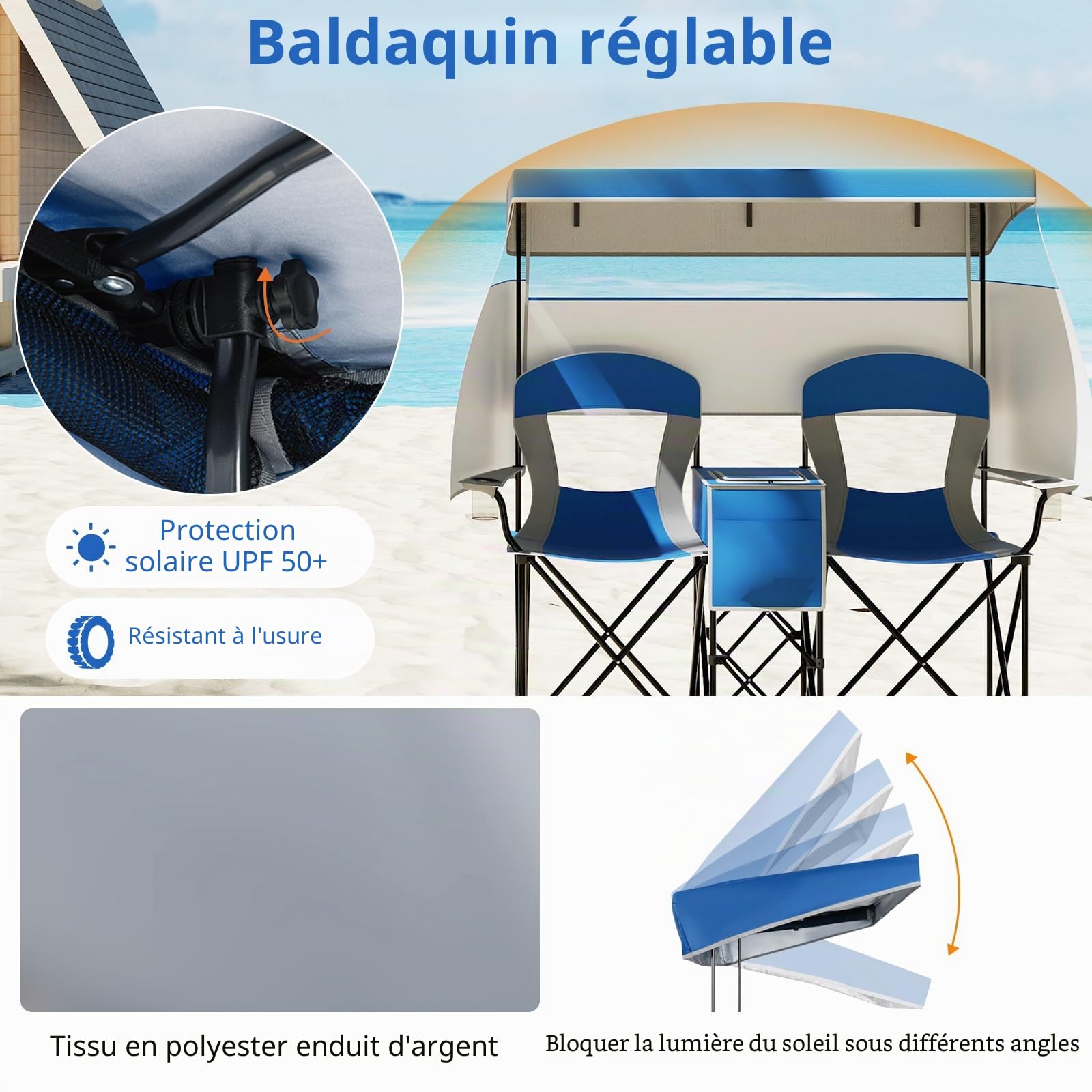 GIANTEX Lot de 2 chaises de camping pliables avec toit pare-soleil, mini table, sac isotherme et porte-gobelet, chaise pliante pour 2 personnes, modèle 2 bleu foncé