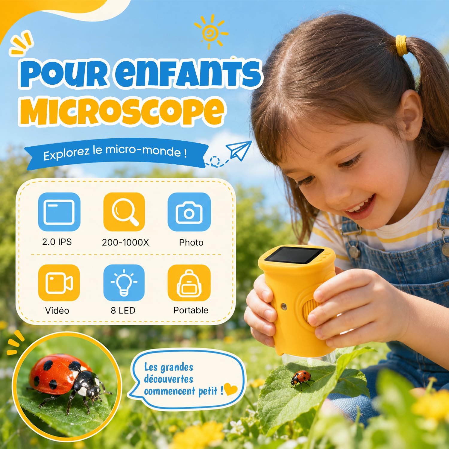 Microscope Numérique pour Enfants,1000X Mini Microscope de Poche Portabl, Éclairage 8 LED, USB Rechargeable,Cadeau de Noël et d’Anniversaire pour Enfants 3–12 Ans