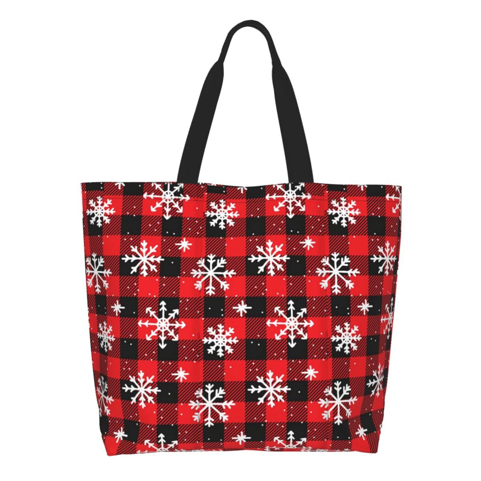 ASYG Christmas Cute Red Plaid Tote Bag Cute Snowflake Xmas Holiday Reusable Grocery Shopping Bags For Women Men
