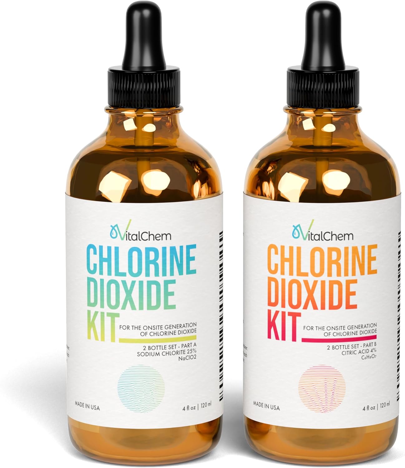 Chlorine Dioxide Kit | Glass Bottles with Droppers | Citric Acid 50% and Sodium Solution | 8 oz Total