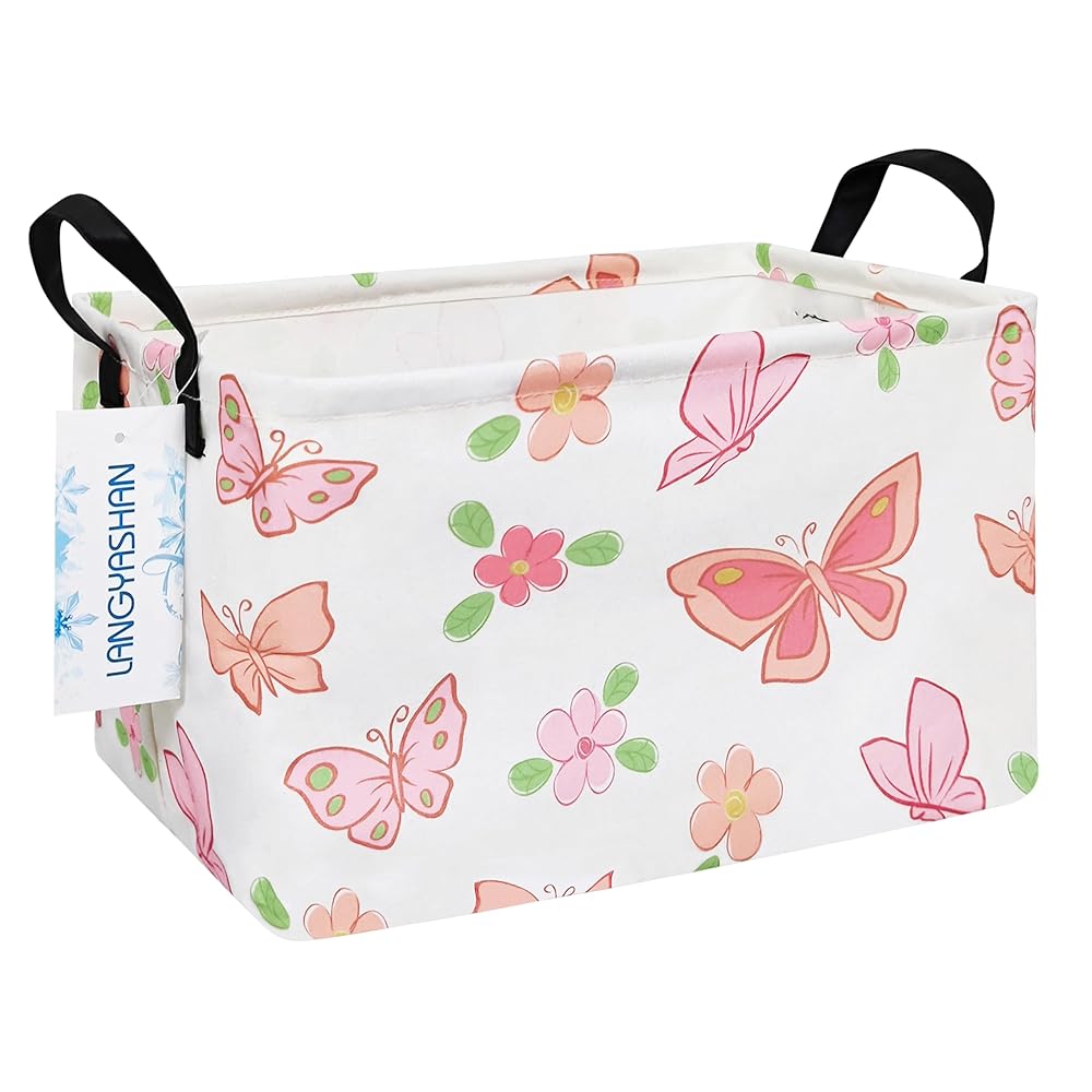 LANGYASHAN Rectangular Storage Bin Collapse Canvas Fabric Cartoon Storage Basket with Handles for Organizing Home Kitchen Boys and Girls Toys Office Closet Shelf Baskets (Rec Pink Butterfly)