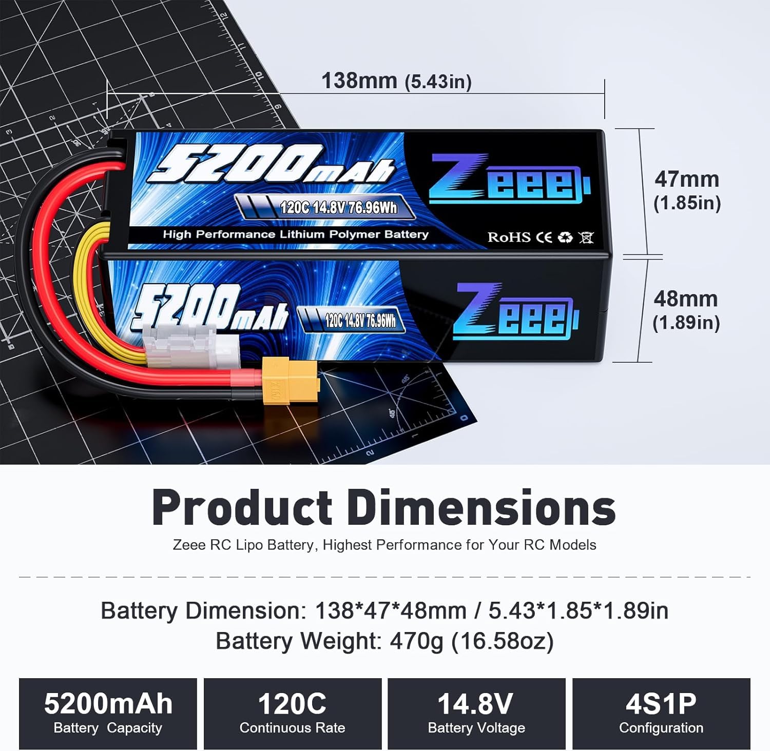 Zeee 4S Lipo 5200mAh 14,8V 120C RC-Akku Hartschalen mit XT60 Stecker(2 STK) | RC Batterie für RC-Autos LKWs RC-Buggys Truggys Racing-Crawler Monster-RC-Hobbymodelle im Maßstab 1/10
