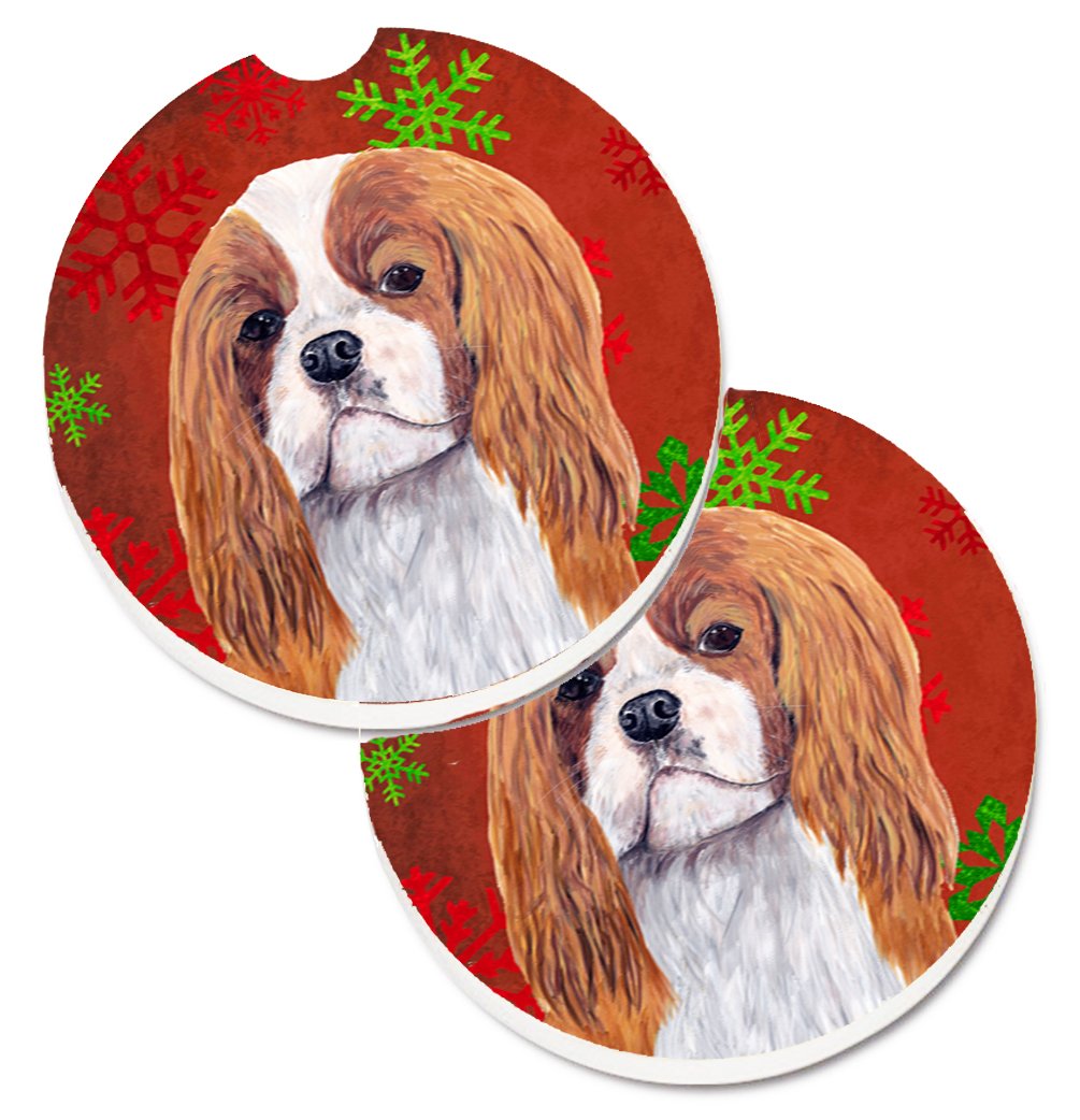 Cavalier Spaniel Red & Green Snowflakes Holiday Christmas Set of 2 Cup Holder Car Coaster