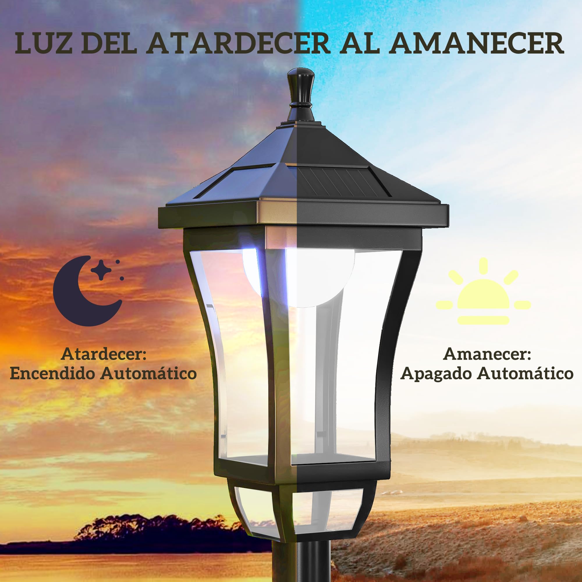 Outsunny Farola Solar Luz Solar de Exterior con Panel Solar Encendido y Apagado Automático IP44 para Terraza Patio 15x15x127 cm Negro
