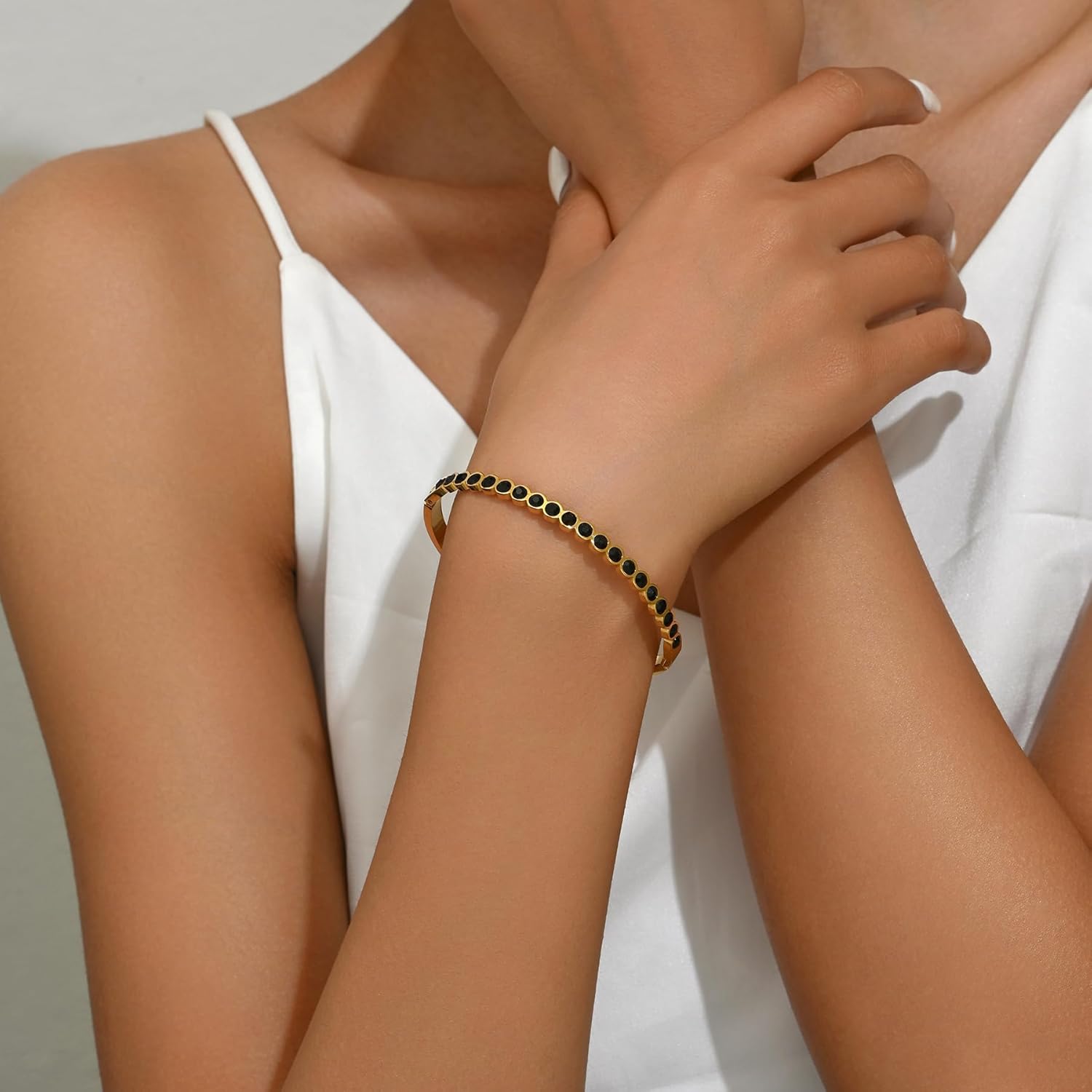 Gold Bangle Bracelets for Women 18K Gold Plated Stainless Steel Cubic Zirconia Bangle Classic Green Black Tennis Bracelet Jewelry - Image 2