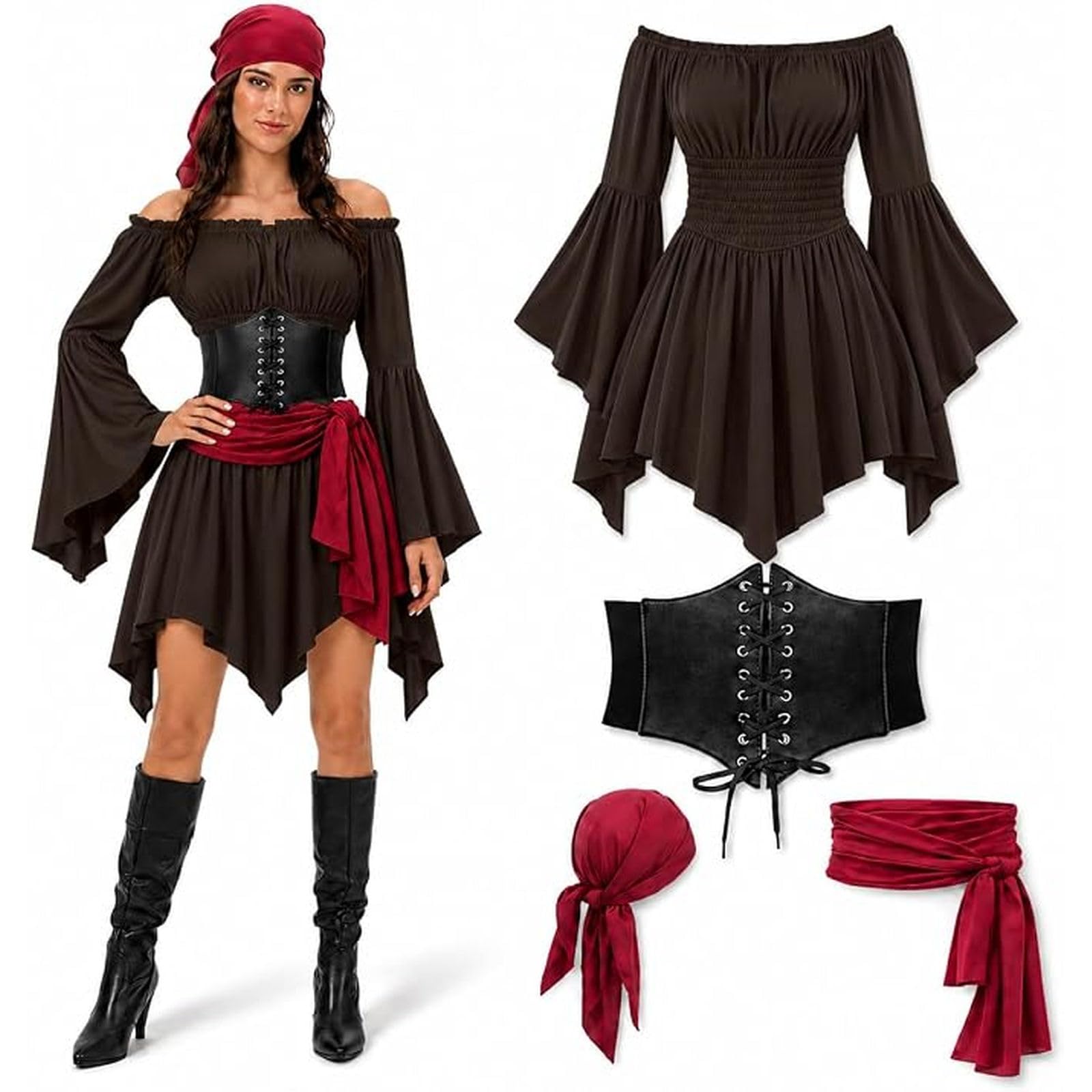 Pirate Costume Women Fancy Dress For Adults Halloween Costumes 4 PCS Womens Pirate Costume Adult Ladies Caribbean-Costumes For Cosplay Party Plus Size Medieval Dress Outfits Clothing