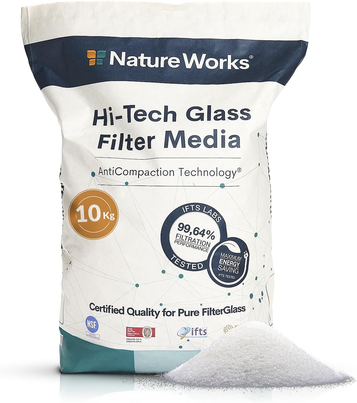 NATURE WORKS Filter Sand for Swimming Pool with 99.64% Filtering Power, Reduces Water and Energy Consumption, Made with Technical Glass for Maximum Hygiene - Bag 10 kg