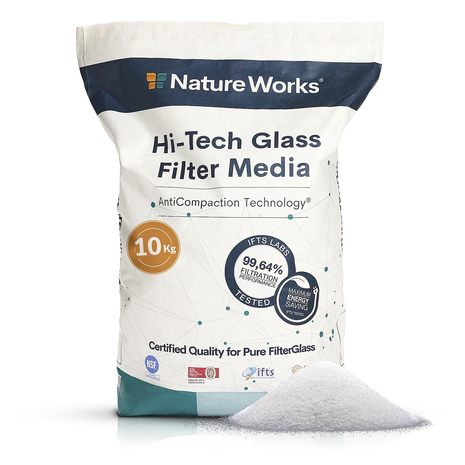 NATURE WORKS Glas-Filtersand für Schwimmbad mit 99,64% Filterleistung, reduziert Wasser- und Energieverbrauch, Gefertigt aus Reinem Technischen Glas für Maximale Hygiene - Beutel 10 kg