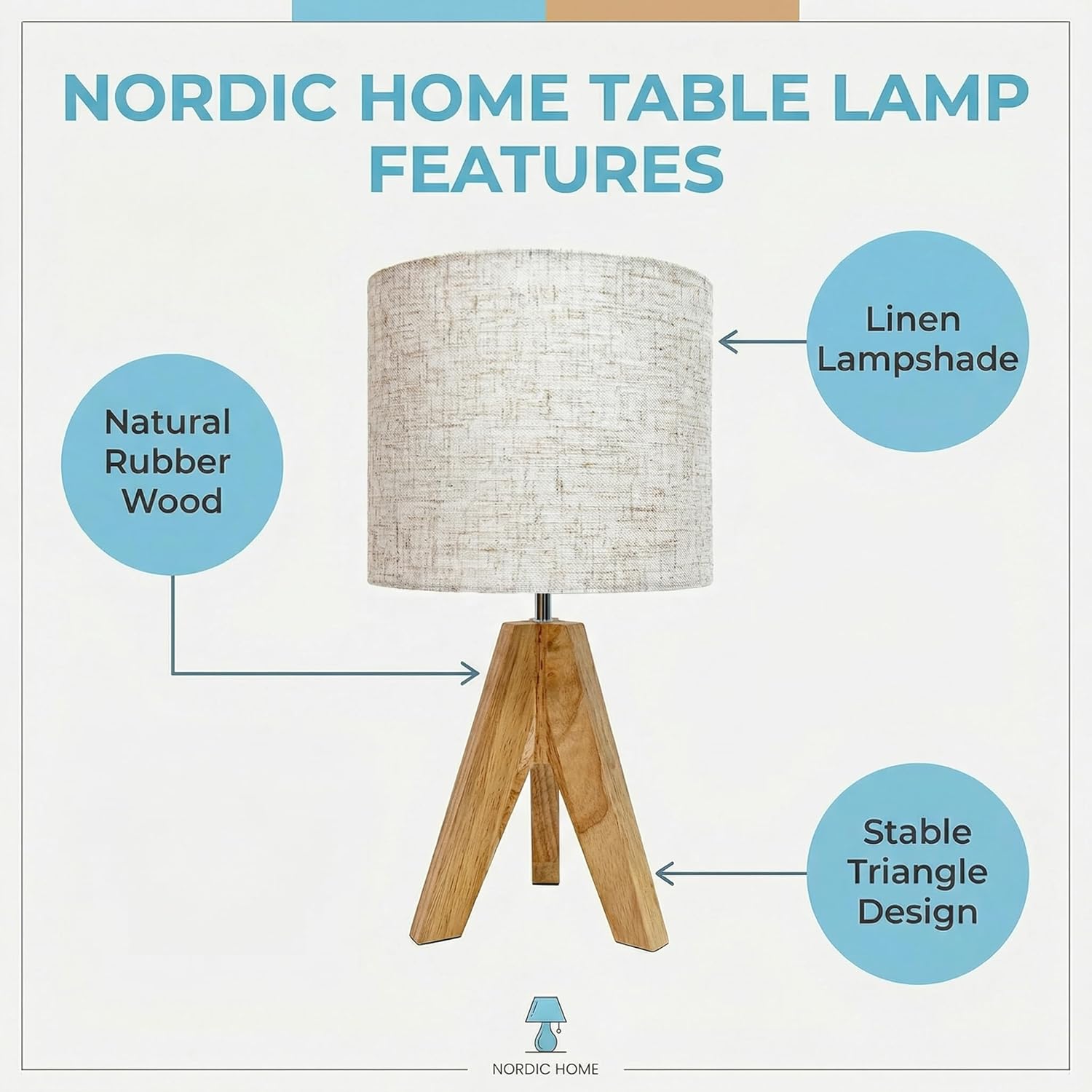 Modern Tripod Table Lamp with White Fabric Shade and Natural Wood Base for Bedroom, Dorm, Office