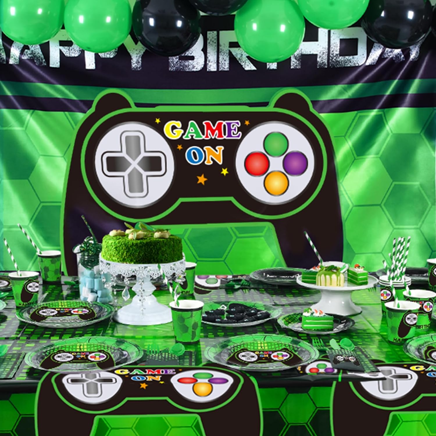 WERNNSAI Game Table Cloth - 2 PCS 54'' x 108'' Video Game Tablecloth Gaming Party Decorations Level Up Table Cover for Boys Kids Gamer Gaming Night Party Favors