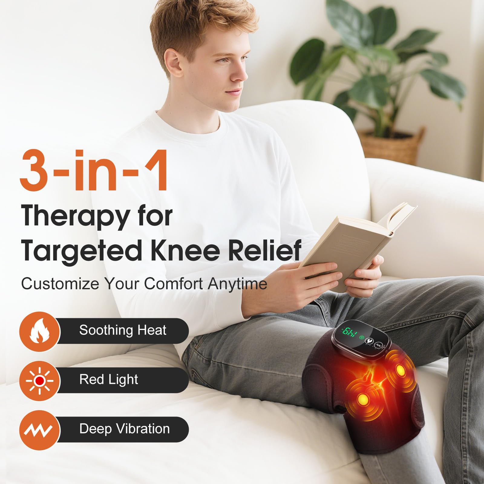 Kabellose beheizte Kniebandage mit Rotlicht und Vibration - Verstellbare Kniebandage mit 3 Wärmestufen, 3 Massagemodi, 5000mAh Akku - Tragbares Heizkissen für Kniestütze und Muskelentspannung