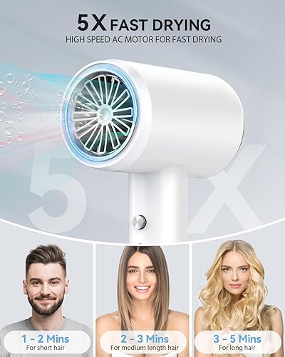Miniatura 2 de Secador de pelo de alta velocidad iónico para cabello rizado, silencioso con control térmico y boquilla para viajes en casa, color blanco