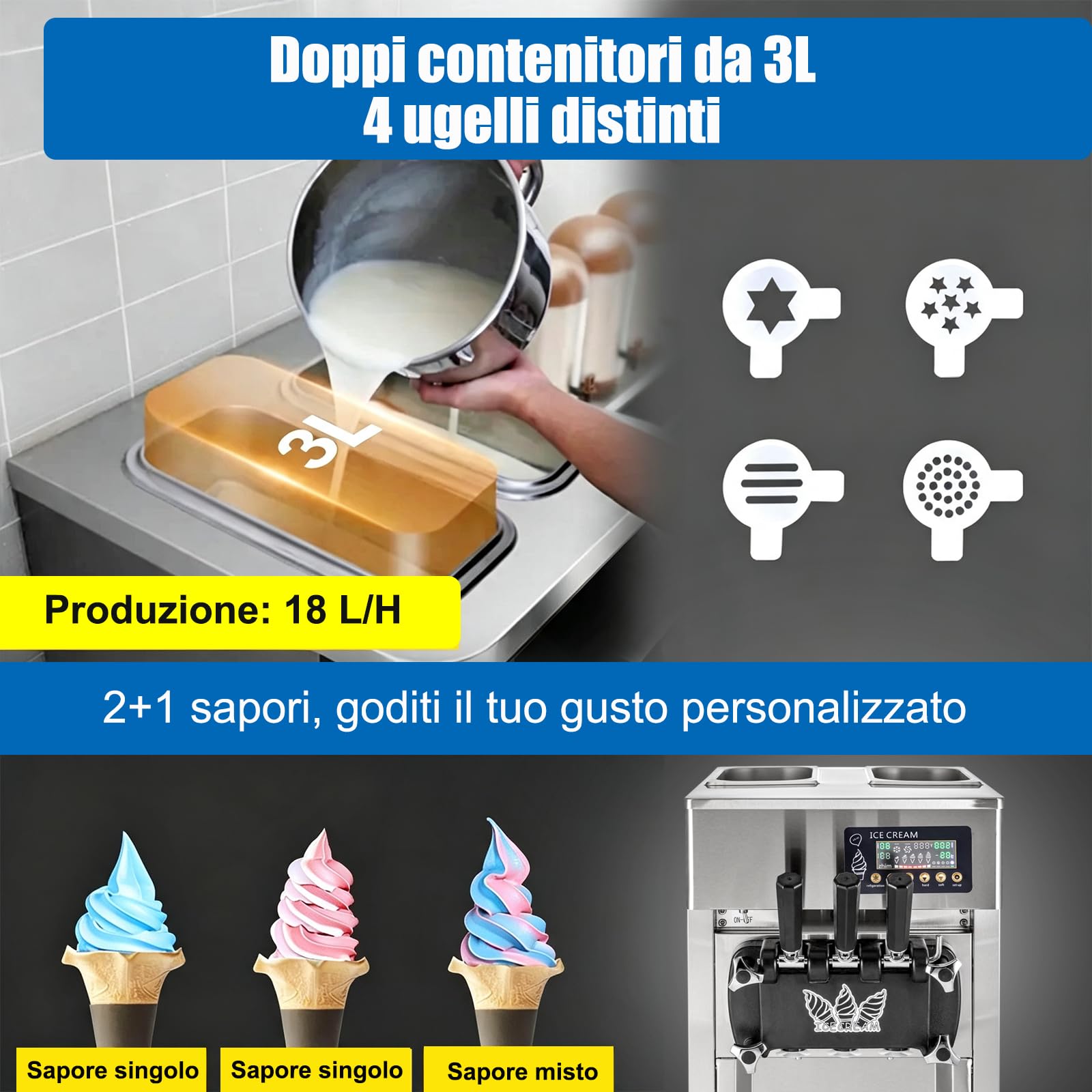 Macchina Gelato Soft, 3 Gusti, 18Litri/H Commerciale Gelatiera Professionale 1200W, Macchina Per Gelato Soft Da Banco Con Pannello LCD Per Bar e Caffetterie