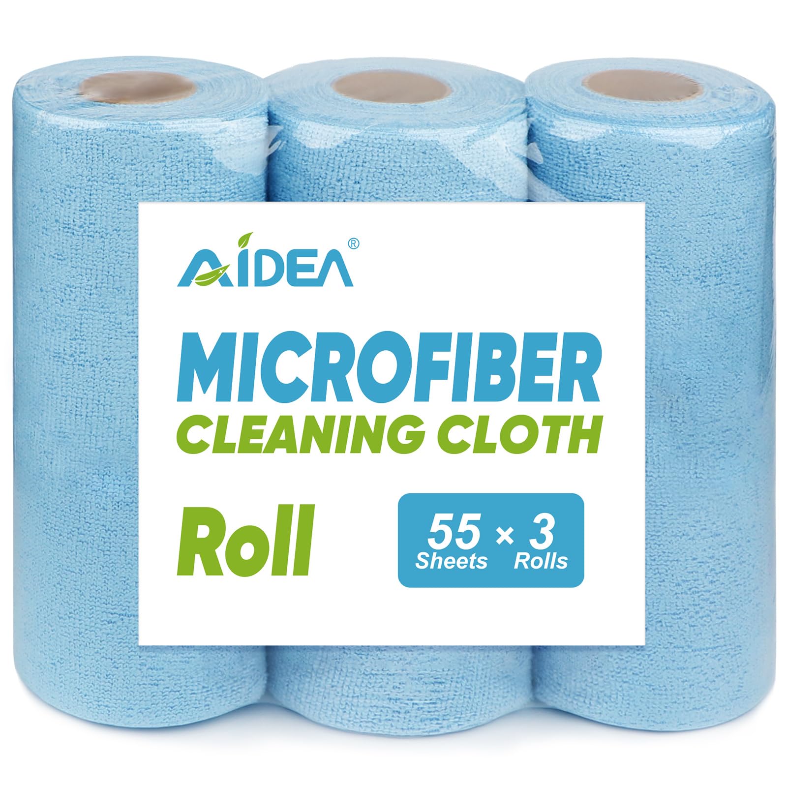 AIDEA Microfiber Cleaning Cloth 165 Sheets 3 Roll, Microfiber Towels for Cars, Blue Shop Towels, Shop Rags Washable, Cleaning Rags Reusable Paper