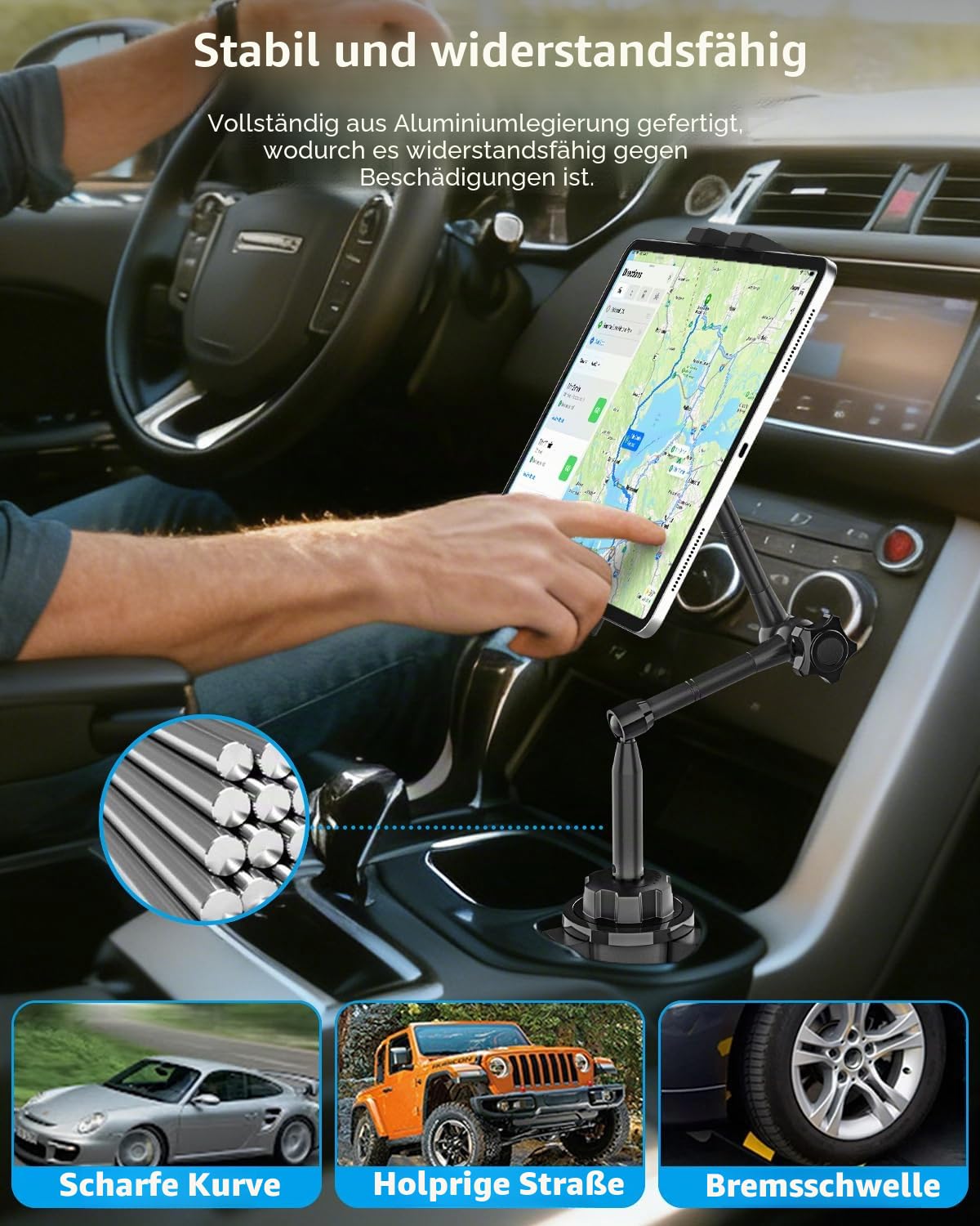 Auto Tablet Halterung Getränkehalter mit 360° Verstellbarer Langer Arm | Metall iPad Halter KFZ LKW Becherhalter Tablethalterung mit Aluminiumarm für Tablets, Handys, iPad, Galaxy Tab, iPhones