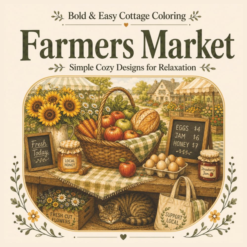 Farmers Market: A Cozy Coloring Tour of Ten American Farmers Markets (Bold & Easy Cottage Coloring)