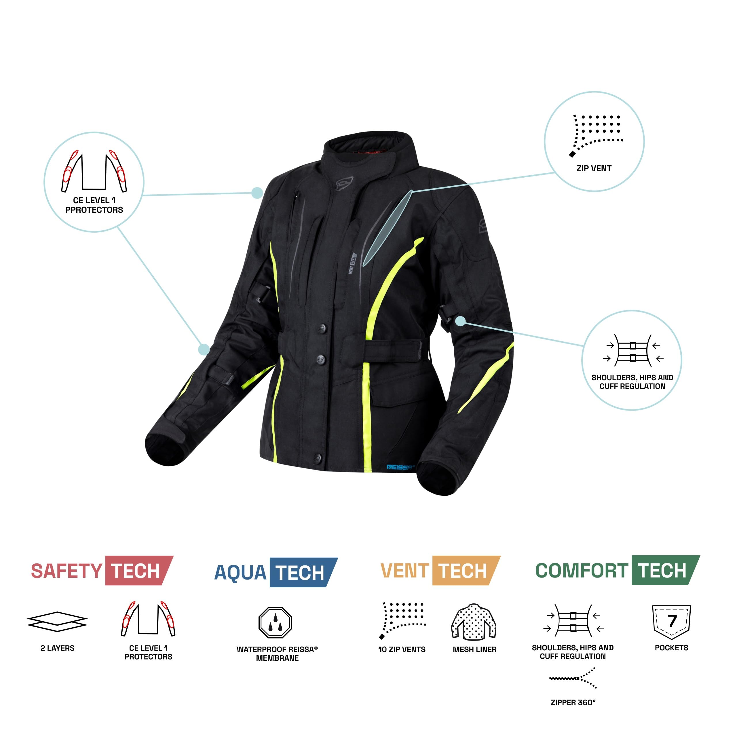Ozone Sahara Lady Veste de moto textile pour femmes Protections coudes et épaules Membrane Reissa 10 canaux d'aération Éléments réfléchissants Poches