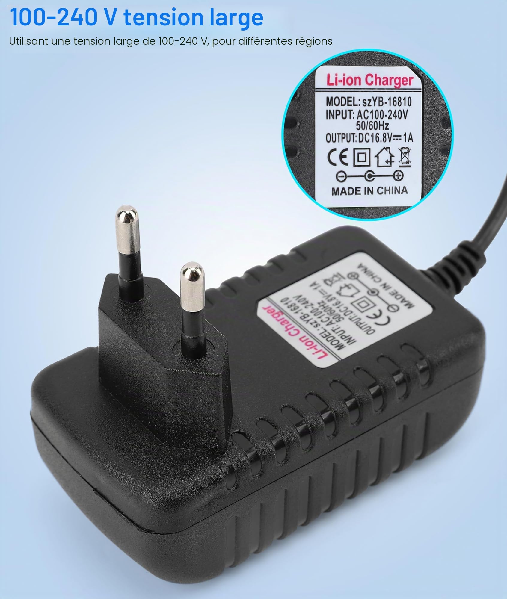 Garsent Chargeur Universel, Adaptateur 16.8 V / 1 A Chargeur Adaptateur Secteur Li-ION Adaptateur Multi Tension Adaptateur Chargeur Remplacement AC (UE)