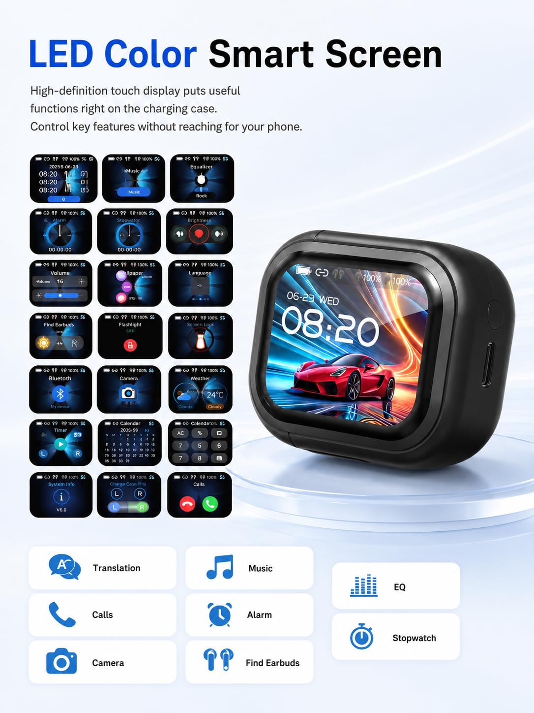 NE20 KI Übersetzer Kopfhörer In Ear, Echtzeit Sprachübersetzer 135 Sprachen, LCD Touchscreen Bluetooth 6.0 Kopfhörer Kabellos, 60 Std. Wiedergabezeit für Reise Business (Schwarz)