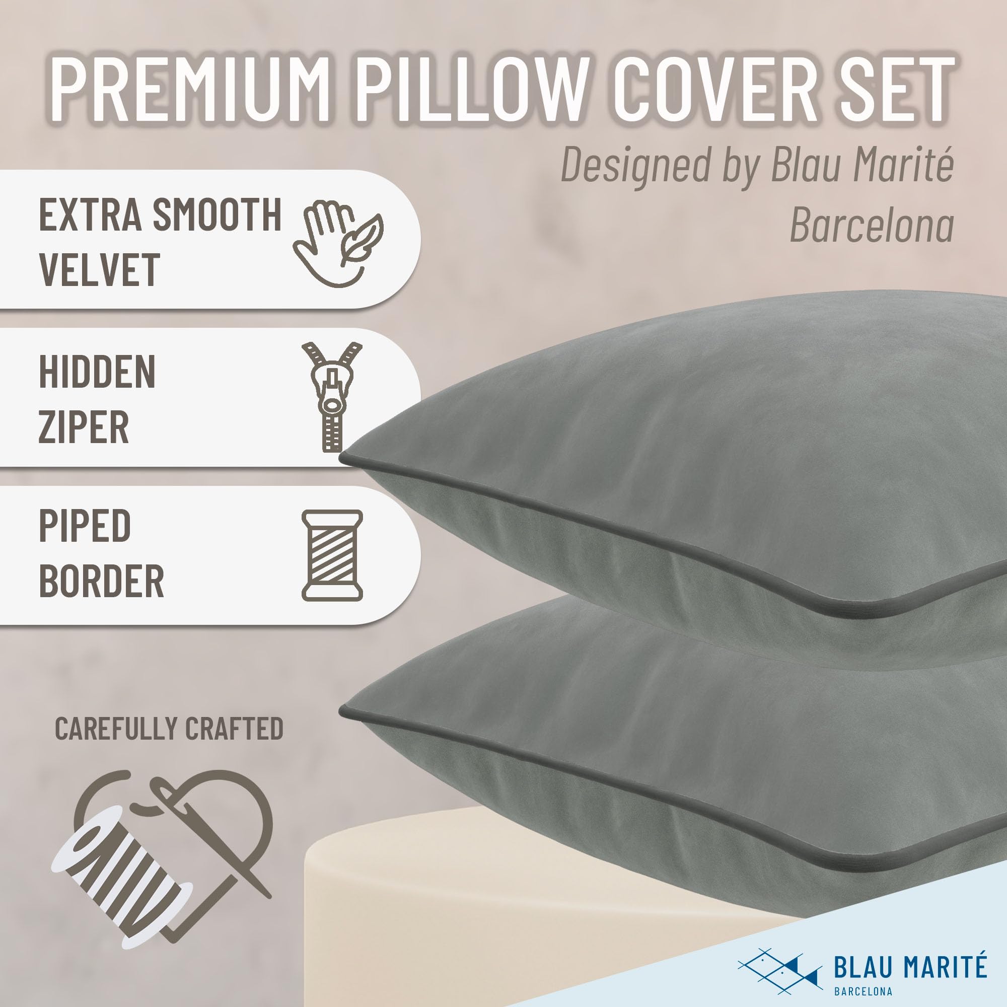Blau Marité Set of 2 Velvet Throw Pillow Covers with Contrast Piping, Soft Decorative Cushion Covers, Dove Grey, 20"x20" (50x50 cm) - Image 2
