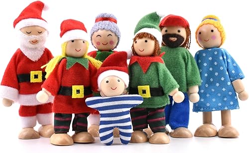 Casa de muñecas de madera de personas de 7 figuras, conjunto familiar de muñecas para niñas y niños pequeños, casa de muñecas, accesorios de