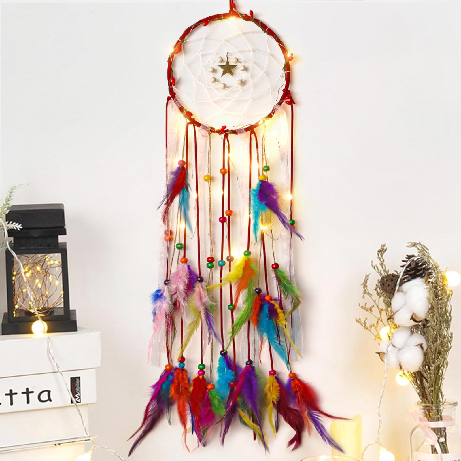 Dremisland Boho Dream Catcher with Fairy Lights Handmade Indian Dreamcatcher Kids Bedroom Accessories Colorful Feather Wall Hanging Christmas Decoration for Home Bedroom Craft Gift-image-24