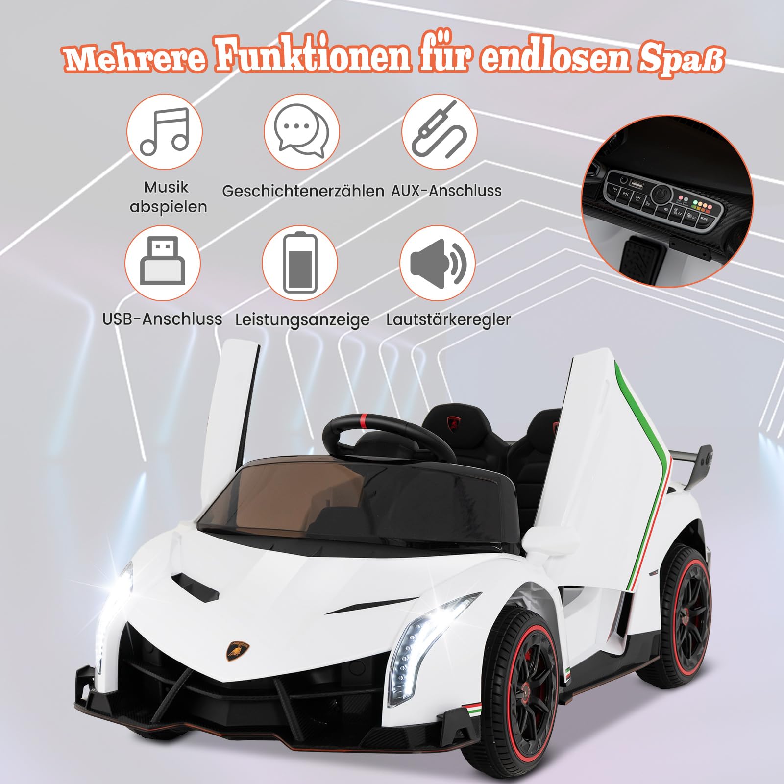COSTWAY Lamborghini Elektroauto für Kinder, Kinderfahrzeug mit 2,4-G Fernbedienung & LED Scheinwerfer & Hupe & Musik, Elektrofahrzeug 3-6 km/h, Kinderauto Elektro für Kinder ab 3 Jahren (Weiß)