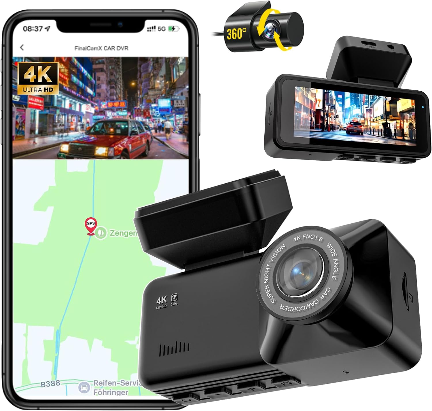 Dash Cam Car Front Rear 4K/1K with Nightvision Dash Cam Car Camera 3.16 Inch IPS Screen Free 64GB Card 5.8GHz WiFi GPS 170 Wide Angle WDR Supports 512 GB Max