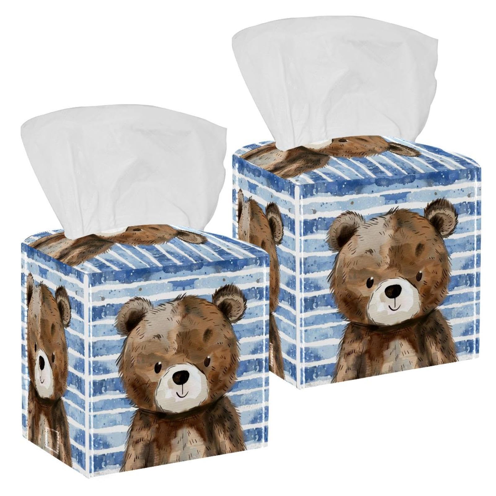 Cute Bear Tissue Box Cover, 2 Pack PU Leather Square Facial Tissue Dispenser Box holder for Home Office Car