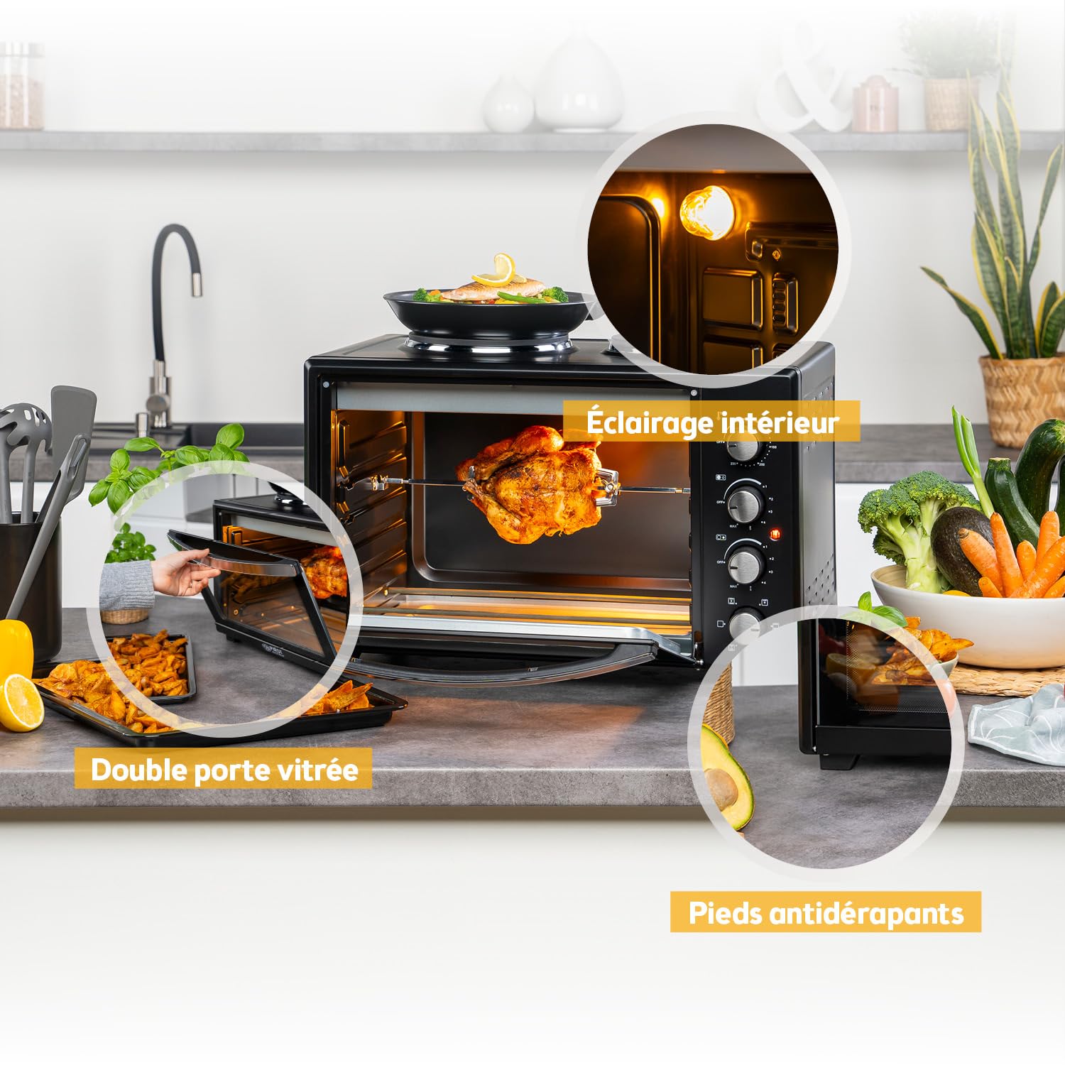 TZS First Austria - Mini-Four avec plaques de cuisson 45L 3200 W - Four à pizza jusqu'à 230°C & revêtement antiadhésif - Multifonction avec 4 hauteurs d'insertion & accessoires de haute qualité