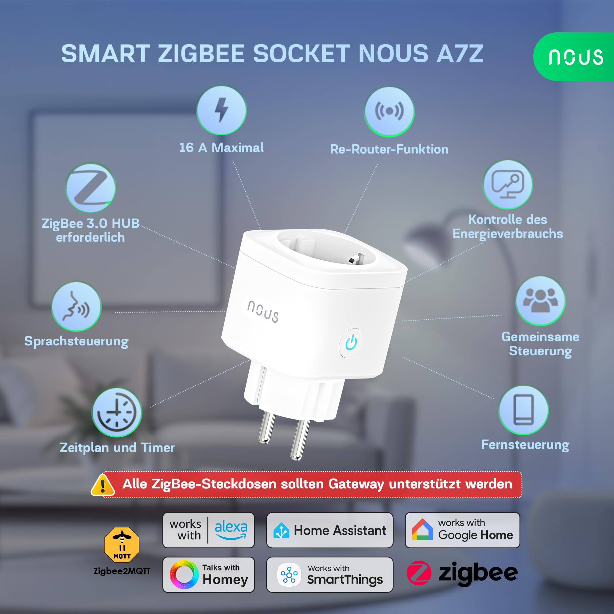 NOUS A7Z ZigBee Smart Steckdose mit Energieüberwachung, 16A, App- & Sprachsteuerung, Zeitplan & Timer, Kompatibel mit Alexa, Google Home, Home Assistant, Tuya, ZigBee-Hub Erforderlich, 4 Pack