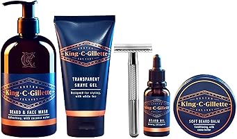 King C. Gillette Complete Men's Beard Care Gift Kit, Double Edge Safety Razor, Beard and Face Wash, Beard Oil, Beard...