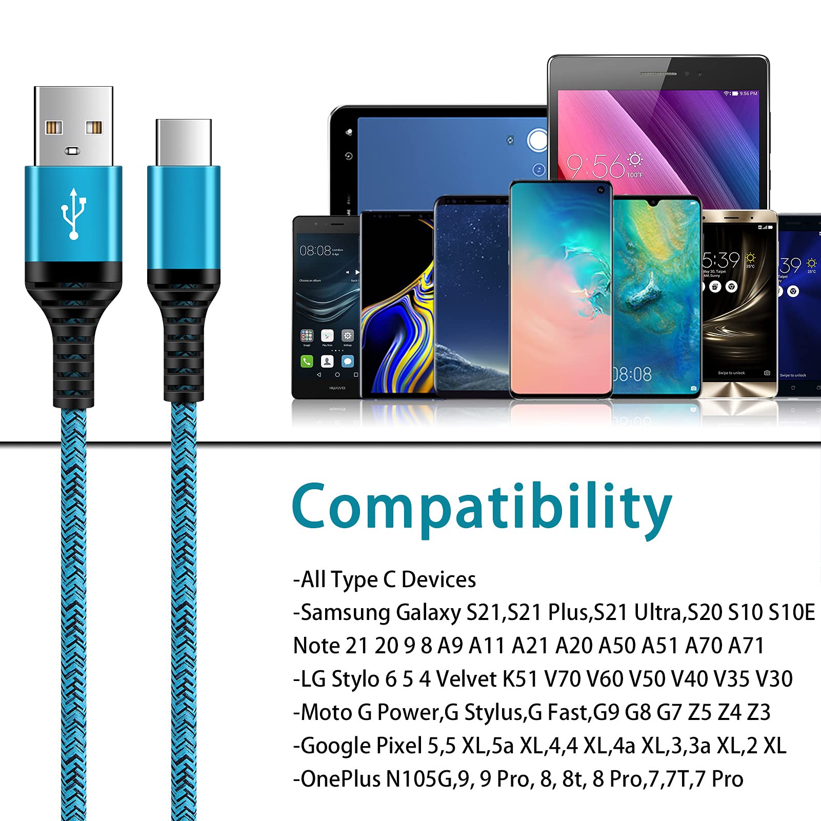 C Charger Cord Fast Charging USB Type C Cable Android Charger Cables 6FT 2Pack for Samsung Galaxy S25 S24 S23 S22 S21 S20 Ultra S20+ Note 20 10 S10 S9 Plus A12 A11 A52 Google Pixel 6 5 4 4a 3a XL