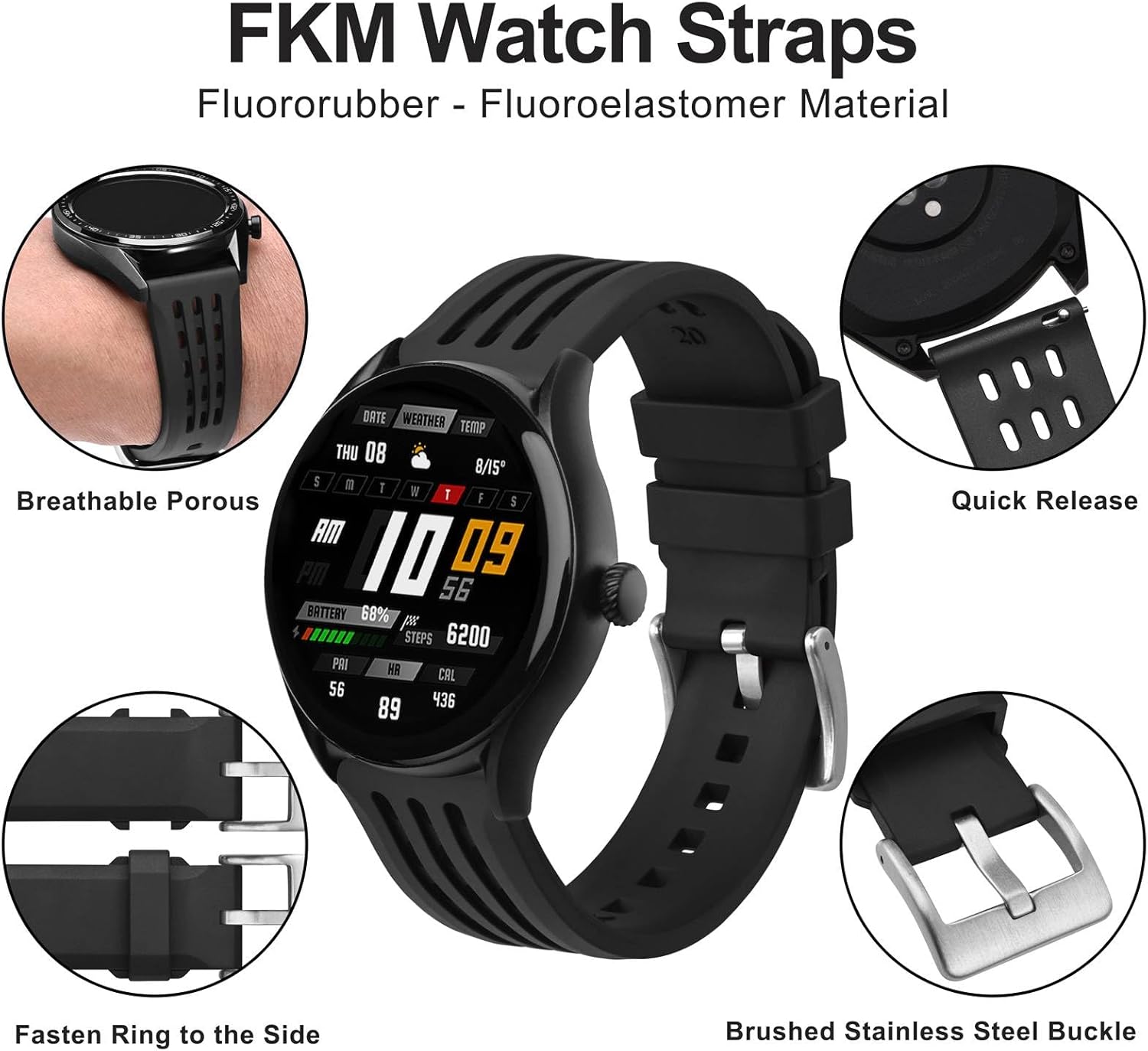 WOCCI 18mm Rally Watch Band, FKM Rubber Strap, Quick Release, Silver Brushed Buckle (Black)