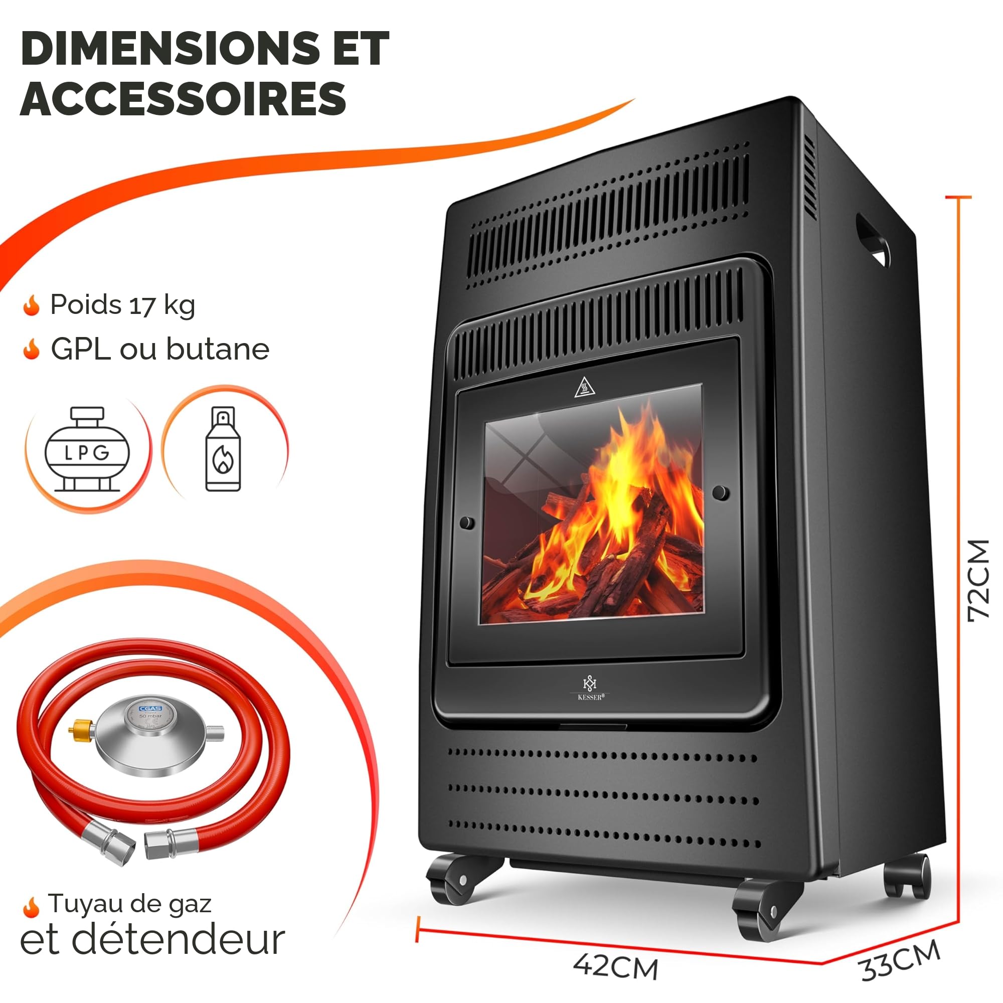 KESSER® Chauffage à gaz Poêle à gaz Radiateur infrarouge 3,4 k W Foyer au gaz 2 niveaux de chauffage infrarouge 3 400 W Chauffage radiant au gaz Bouteilles de butane ou de propane jusqu'à 11kg, noir