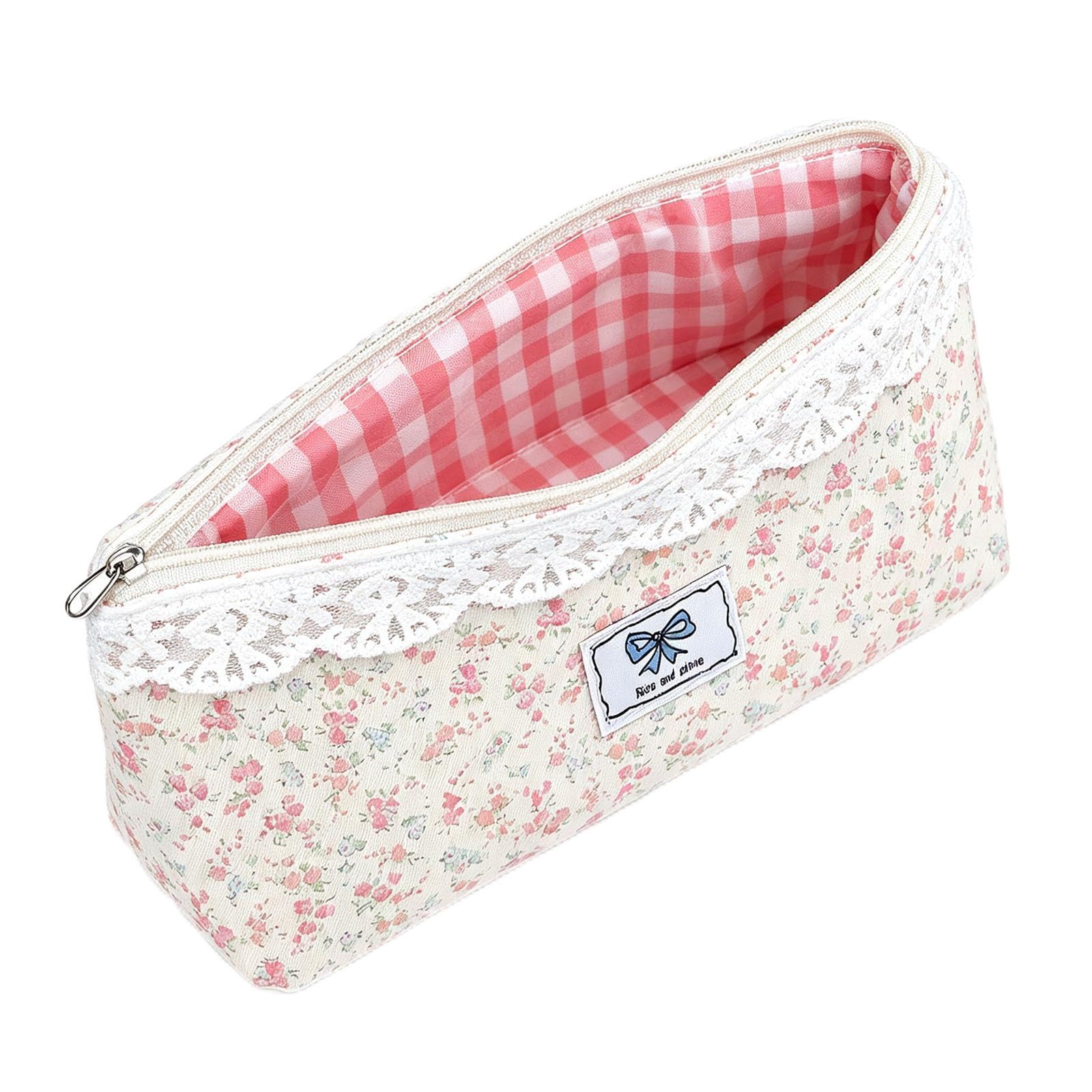 Dooaqiin Floral Pencil Case Corduroy Aesthetic Pencil Pouch for Girls, Large Capacity Cute Pink Fabric Pen Bag, Portable Cosmetic Makeup Storage Pouch for Travel School Office Accessories