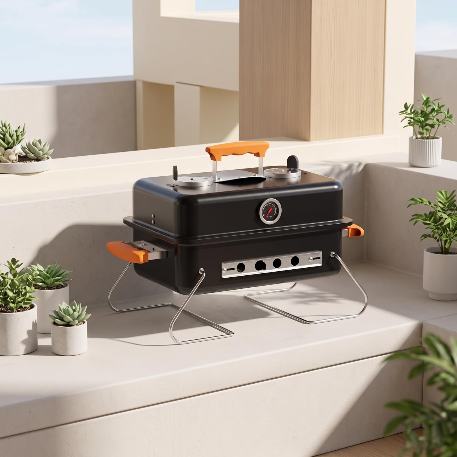 Barbecue a Carbone Portatile Adatto Al Campeggio Barbecue con Coperchio Robusto Griglia Portatile con Termometro per Campeggiatori, Giardino