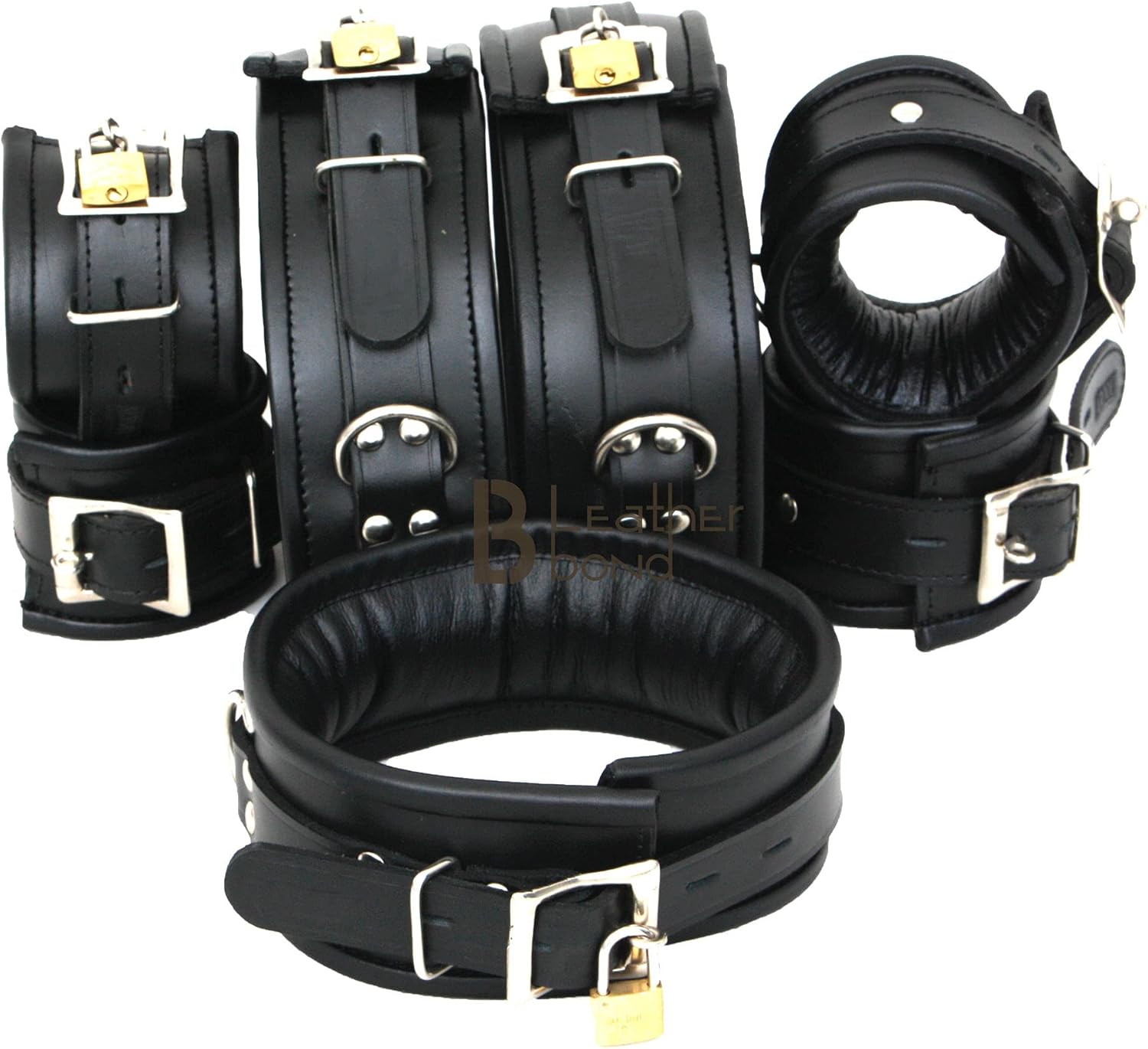Real Cow Leather Wrist & Ankle Cuffs and Upper Knee Cuffs with Neck Collar Set Black 7 Piece Padded Cuffs Lockable