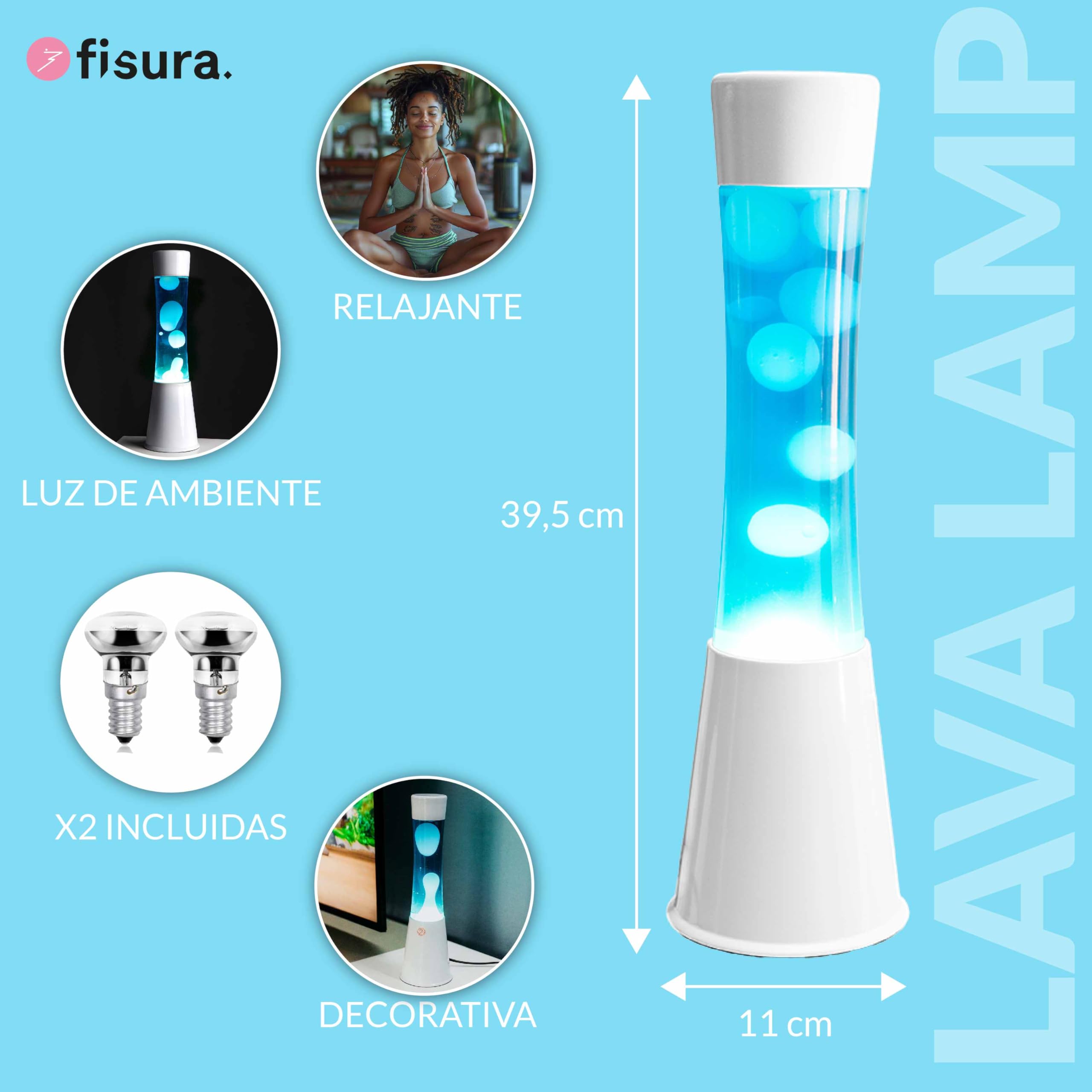 Fisura - Lámpara de lava blanca y azul años 70. Base color blanco, líquido azul y lava blanca. Lámpara efecto relajante. Medidas: 11 cm x 11cm x 39,5 cm.