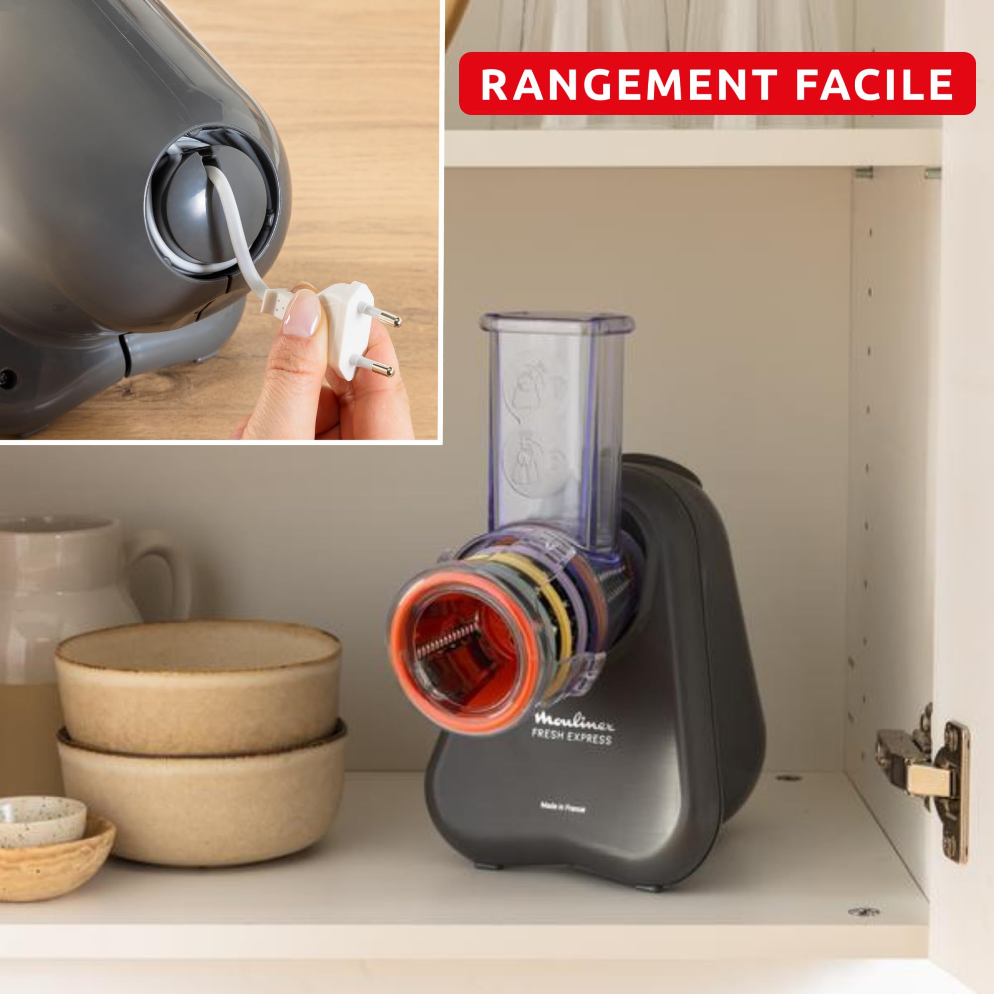 Moulinex Fresh Express, Découpe-légumes électrique, Service direct, Émincer-Trancher-Râper-Couper en forme ondulée, Gris, DK855HE0