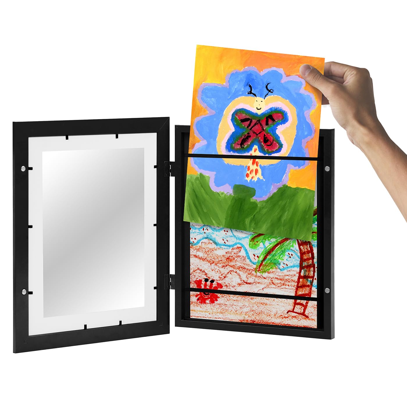 Americanflat Cornice Porta Disegni per Bambini (Nero) - Cornice A4 da Parete con Passepartout e 25,5x32 cm Senza Passepartout - Apertura Frontale con Vetro Infrangibile