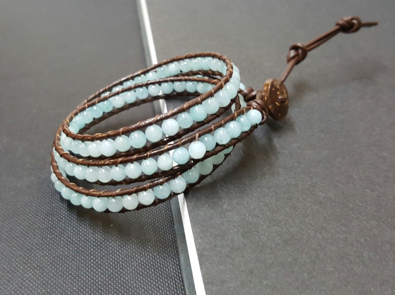 Handmade Wrap Bracelet Blue Jade Brown Leather Triple Wrap Bracelet Anklet