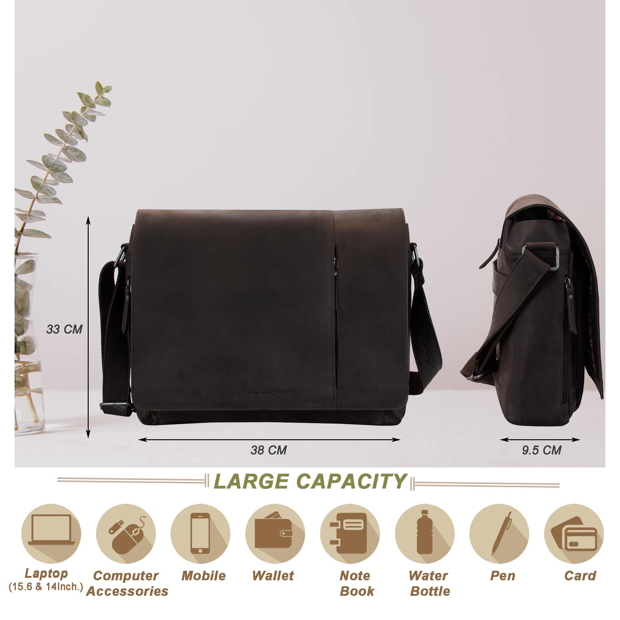 Marc Peter® Bergen leder Umhängetasche für Herren und Damen | 15.6 Zoll Laptoptasche | Aktentasche aus echtem Büffelleder
