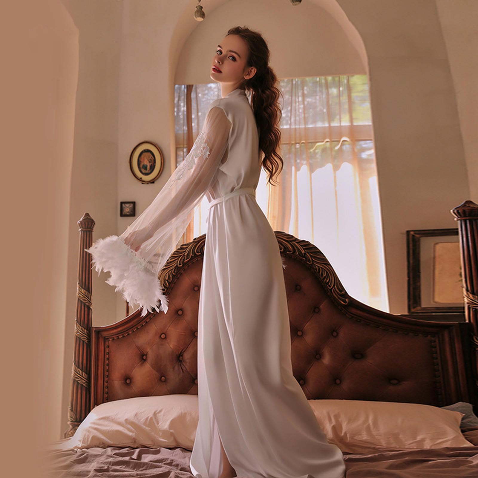 Camicia Notte Donna Pigiama Lungo da Sposa in Raso di Seta Comodo Pigiama A Maniche Lunghe da Donna-Bianco (Versione Lunga della Lunghezza dell'Abbigliamento 155 Cm)-codice Medio
