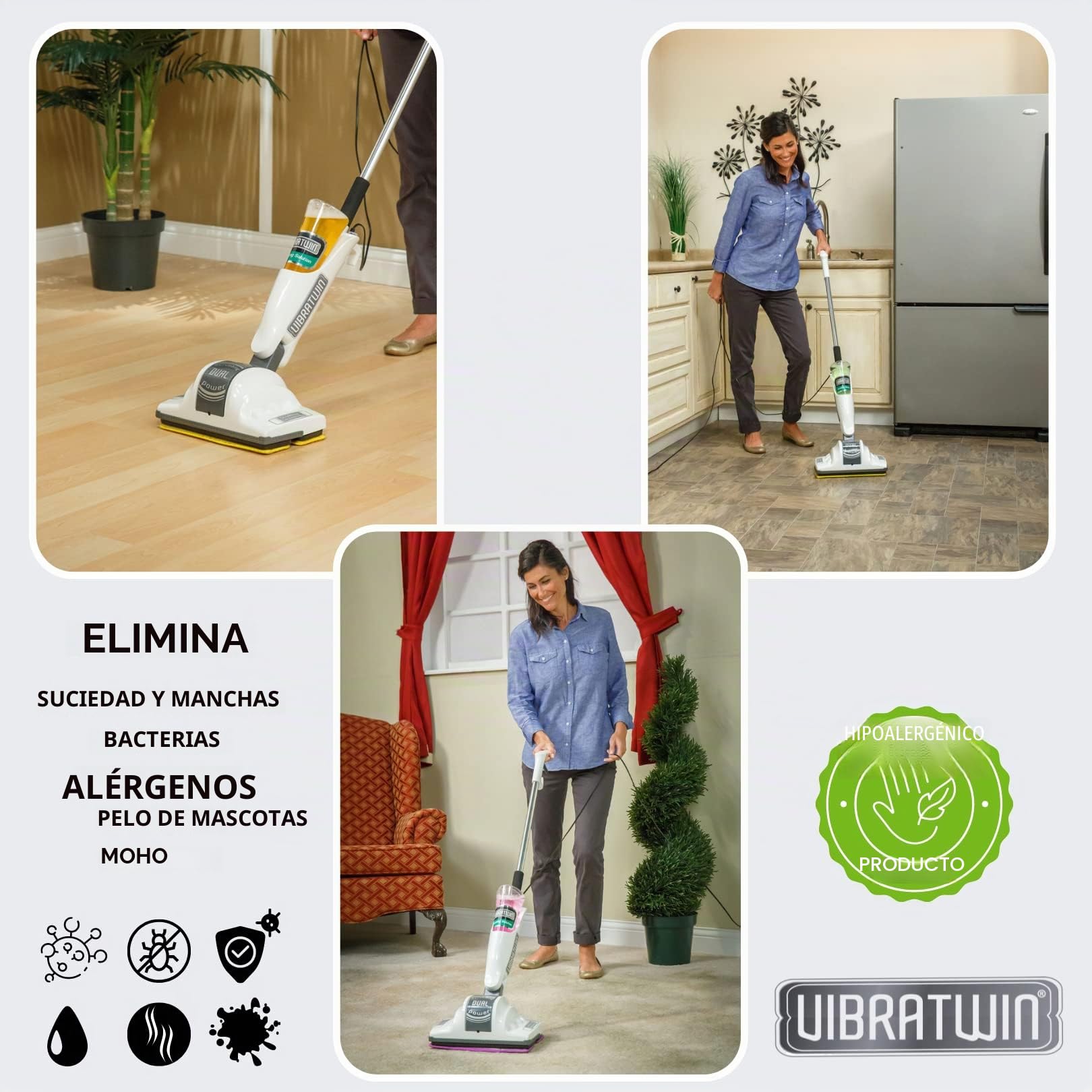 VIBRATWIN Dual Action Limpiadora de Suelos Eléctrica de Doble acción Friega, Frota, Limpia y Rejuvenece todas las Superficies de Madera, Piedra, Moqueta, Mármol (VIBRATWIN)