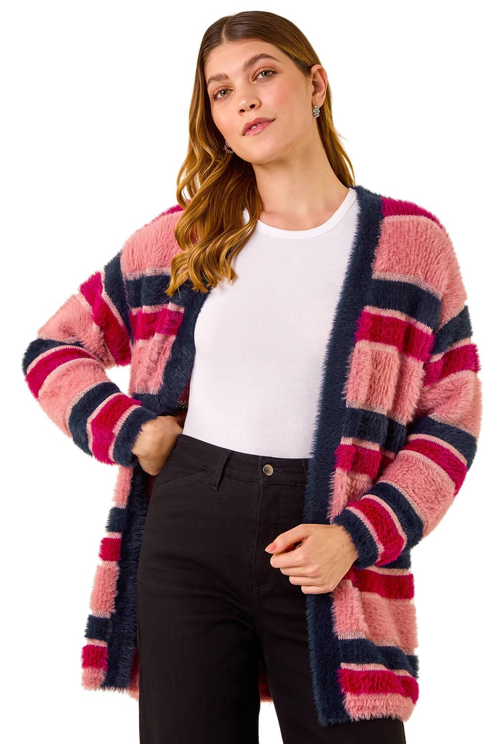 Roman Women's Pink Fluffy Stripe Knit Cardigan Size 14